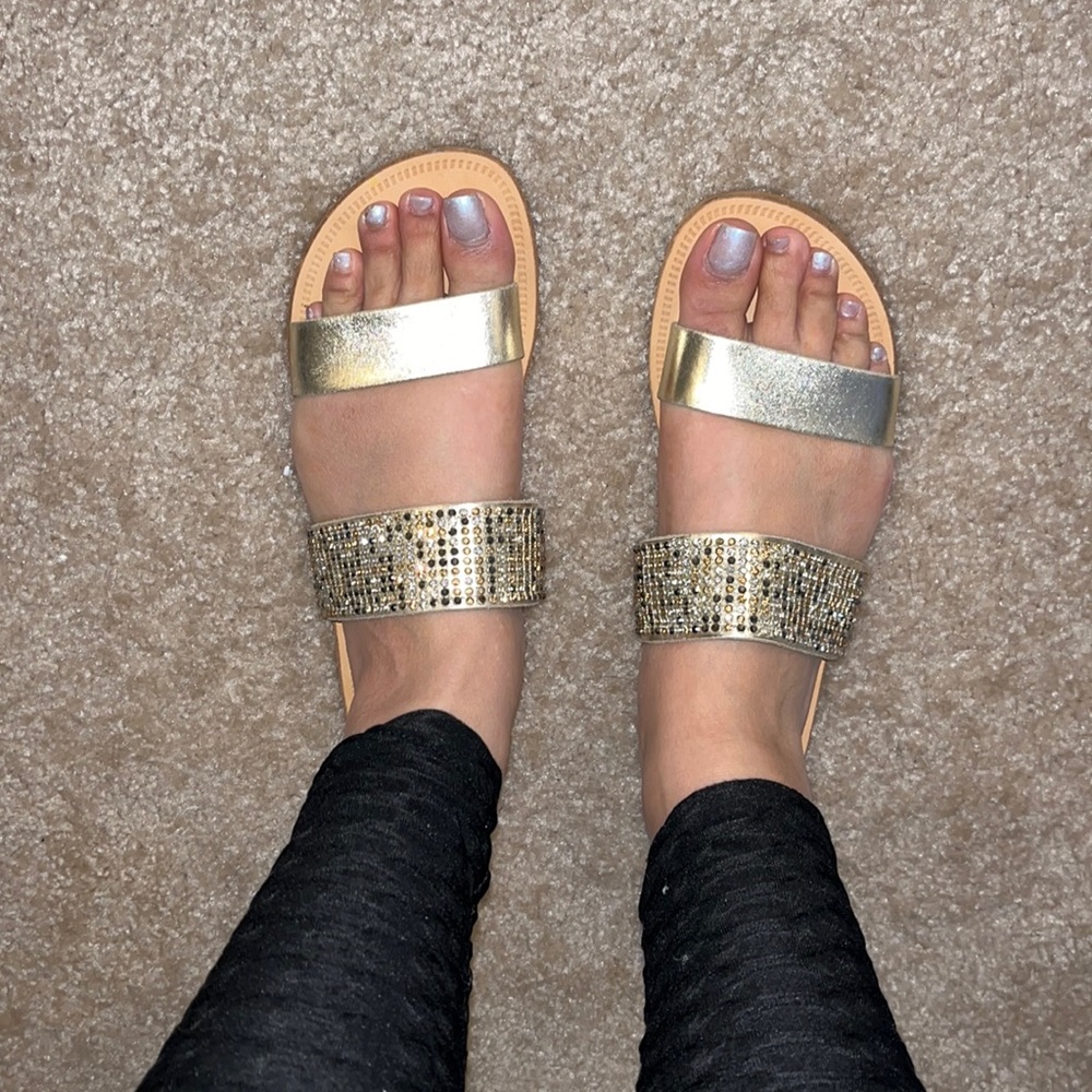 Gorgeous metallic gold and rhinestone strapped slide on sandals